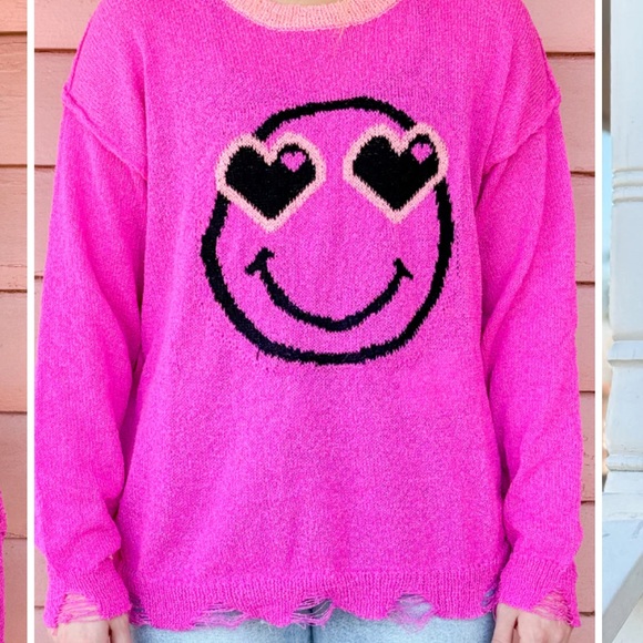 ❄️177. NWT easel Pink Smiley Face Distressed Long Sleeved Sweater - Picture 2 of 4